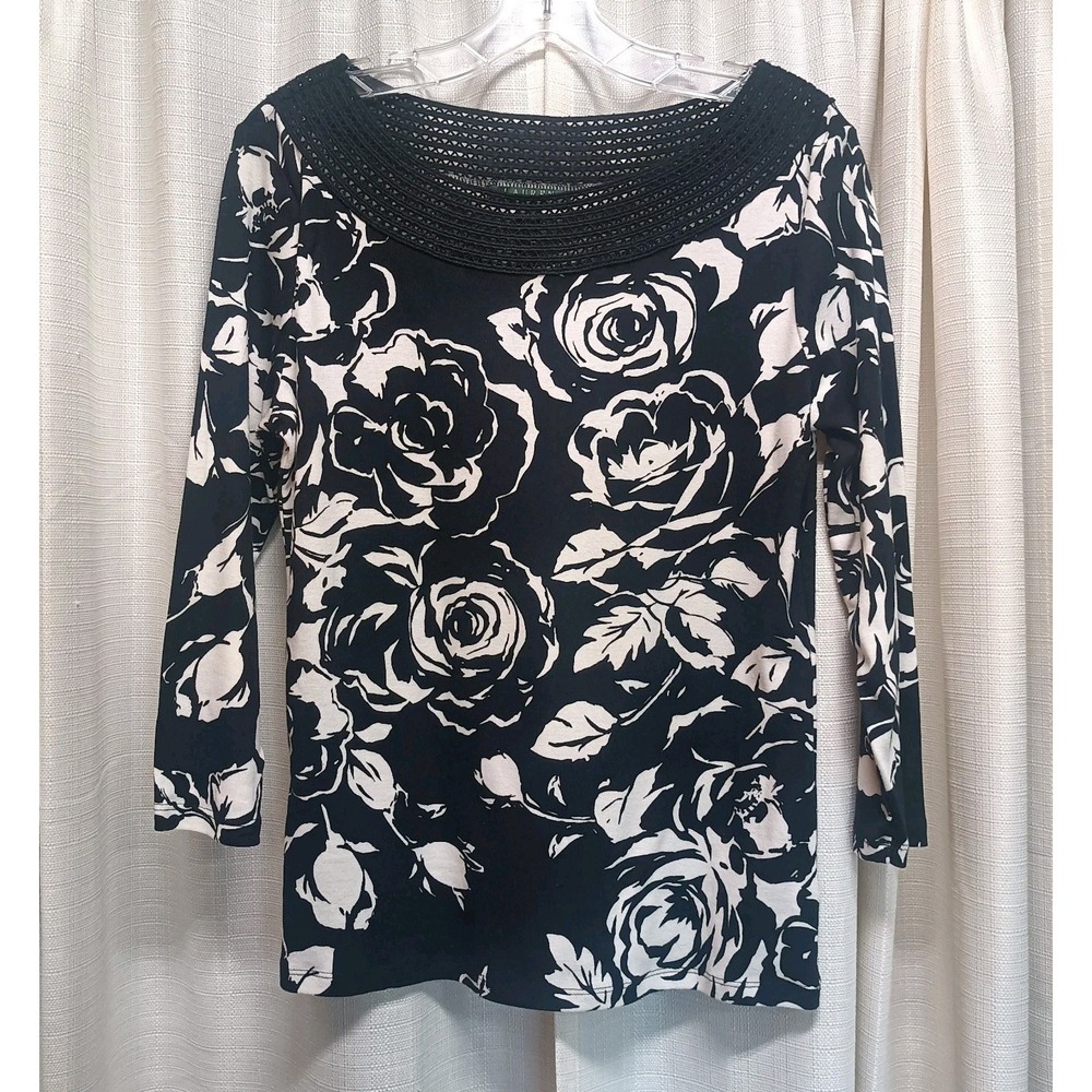 Lauren Ralph Lauren Women's Size L Crochet Black Floral Pattern 3/4 Sleeve NWT